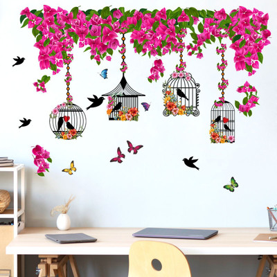Decal O Decal 60 cm Bird Cage With Pink Flowers & Butterflies Self Adhesive Sticker(Pack of 1)
