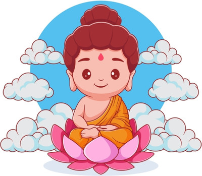 CreativeEdge 46 cm Cute little buddha sitting on lotus flowers with clouds Self Adhesive Sticker(Pack of 1)
