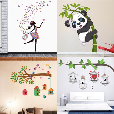 EJAart 45 cm Dreamy Girl+Baby Panda+Bird House Branch+Birdcase Key Self Adhesive Sticker(Pack of 4)