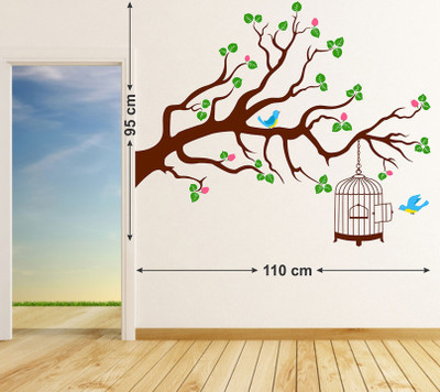 WALLDECORS 81.28 cm TREE WITH COLORFUL LEAVES WITH BIRDS STICKER Self Adhesive Sticker(Pack of 1)