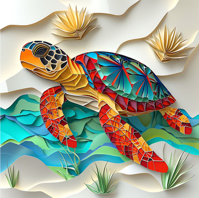 SoFFXia 18 inch River_Turtle_Origami 3D Animals Decorative Wall Sticker for Home, Living Room Self Adhesive Sticker(Pack of 1)