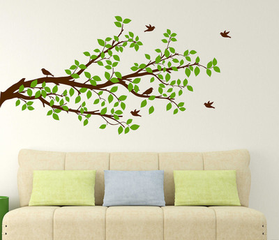 WALLSTICK 125 cm Branch With Green Leafs And Birds Removable Sticker(Pack of 1)