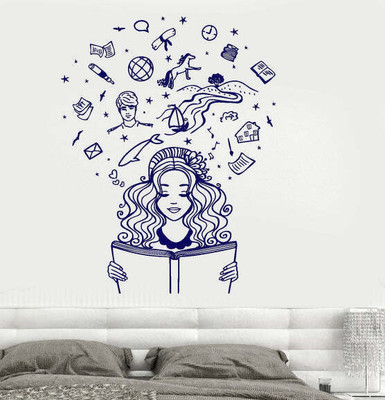SnappyVinyl 27 cm Girl Reading A Book Imagination Fantasy Fairy Self Adhesive Sticker(Pack of 1)