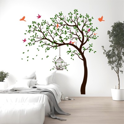 rawpockets 175 cm Green Tree with Birds and Cage Self Adhesive Sticker(Pack of 1)