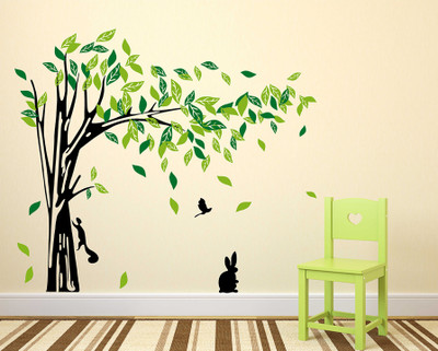 Remer 69 cm Tree with rabbit wallsticker Self Adhesive Sticker(Pack of 2)
