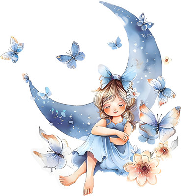 stylishdecor 75 cm little fairytail girl with buterfly on moon Self Adhesive Sticker(Pack of 1)