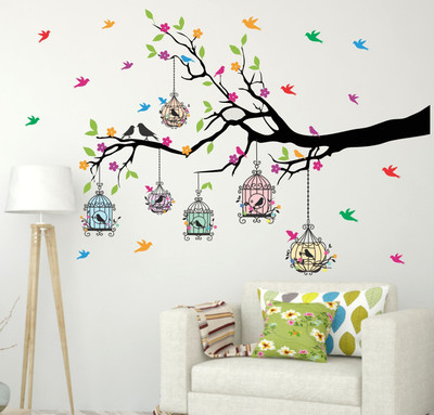 Divine studio 127 cm Tree And Flowers Birds Cage Wall Stickers (127Cm X 84 Cm ) Self Adhesive Sticker(Pack of 1)