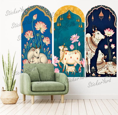 StickerYard 91 cm Cow Pichwai Design Vinyl Posters Art Arch DIY Sticker Wall Big Size Home Decor Self Adhesive Sticker(Pack of 3)