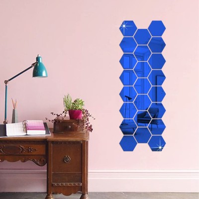 HAPPINY 12 cm 23 Hexagon (10.5 x 12.1 cm) Blue, 3D Acrylic Mirror Stickers for Wall Self Adhesive Sticker(Pack of 1)