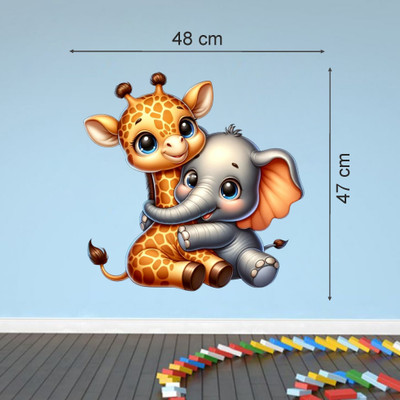 Approach Decor 48 cm Adorable Elephant And Giraffe Hugging Each Other With Joyful Expressions Self Adhesive Sticker(Pack of 1)