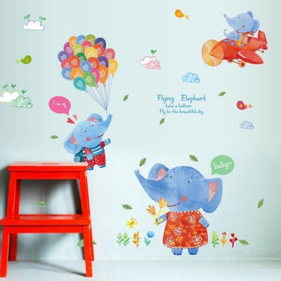 SmartWindow 50 cm Elephant with Air Ballons Wall Sticker for Baby Room (50CM x 70CM) Self Adhesive Sticker(Pack of 1)