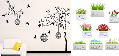 Merical 36 cm free bird case Black Flowers Switch Board Sticker Self Adhesive Sticker(Pack of 9)