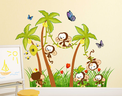 Remer 69 cm Tree with monkeys wallsticker Self Adhesive Sticker(Pack of 2)
