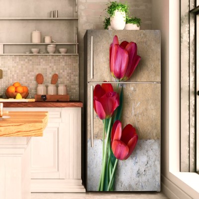 Decor1ders 160 cm Fridge Wallpaper Waterproof Red Tulip Refrigerator Wallpaper Stickers For Door Self Adhesive Sticker(Pack of 1)