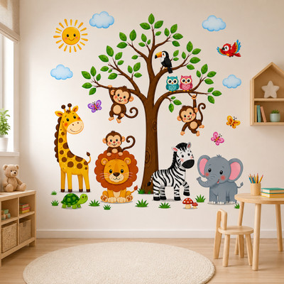 ABDESIGN 90 cm Kids Jungle Animal Tree Wall Sticker | Cartoon Safari Nursery Wall Decal Self Adhesive Sticker(Pack of 1)