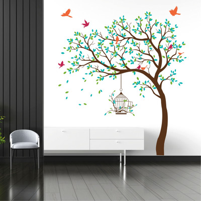 Decal O Decal 175 cm Green and Blue Twin Colours Leaves Tree With Birds Cage Self Adhesive Sticker(Pack of 1)