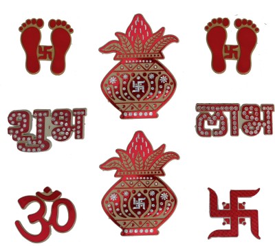 CLAPPERZZ 12 cm Laxmi Feet Swastik Shubh Labh - Stickers for Wall & Floor Decoration Self Adhesive Sticker(Pack of 7)