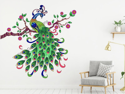 DivineDesigns 61 cm Peacock and Green Leaves Wall Sticker Self Adhesive Sticker(Pack of 1)