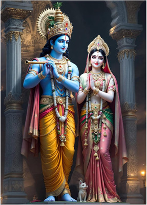 GLOBAL GRAPHICS 56 cm Radha Krishna Temple Wall Poster- Wall Sticcker For Pooja Room Self Adhesive Sticker(Pack of 1)