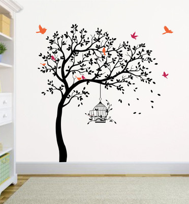 rawpockets 175 cm Black Tree with Birds and Cage Self Adhesive Sticker(Pack of 1)