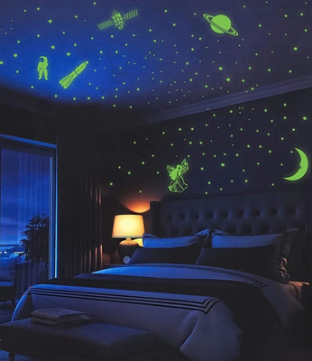 HAPPINY 4 cm Galaxy of Stars with Moon Radium Night Wall Stickers Glow in the Dark Sticker(Pack of 1)