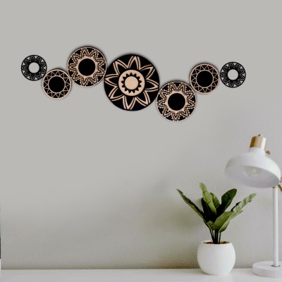 VAH 110 cm 7 Black and wooden Mandala 3D Design Round Wooden Wall Sticker Self Adhesive Sticker(Pack of 7)