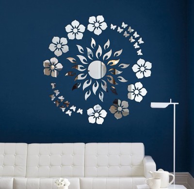 HAPPINY 45.72 cm Sun (24 Flame) & 8 Flower with 20 Butterfly Silver, 3D Acrylic Mirror Stickers Self Adhesive Sticker(Pack of 1)