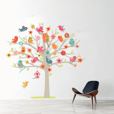 DivineDesigns 53 cm Bird and Flowers on Tree Sticker Self Adhesive Sticker(Pack of 1)