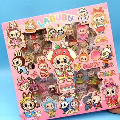 HS ENTERPRISE 25 cm Labubu Cartoon Sticker Set – 100 Pcs Waterproof Stickers, Random Designs Sent Reusable Sticker(Pack of 100)