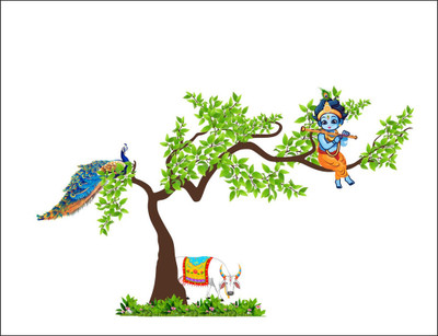 Sahaj Décor 56 cm Krishna ji a flute front of beautiful peacock Self Adhesive size (91x56 cm ) Self Adhesive Sticker(Pack of 1)