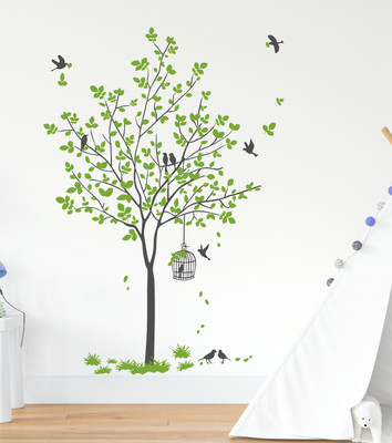 Decal O Decal 110 cm Green Tree With Birds Cage And Nest Self Adhesive Sticker(Pack of 3)
