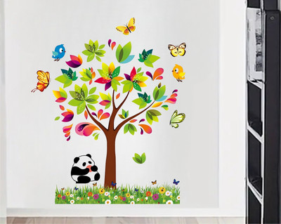 KatariyaAssosiat 80 cm Colorful Tree with Panda & Butterflies Wall Sticker for Kids Room (68×80 CM) Removable Sticker(Pack of 1)
