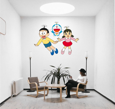 Jagvii 60 cm Cartoon Flying Doraemon With Nobita & Shizuka Wall Sticker Self Adhesive Sticker(Pack of 1)