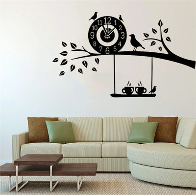 SnappyVinyl 57 cm Clock Flying Birds Tree Branch Self Adhesive Sticker(Pack of 1)