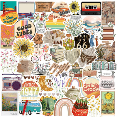 CodersParadise 5.5 cm Vintage Stickers for Laptop, Diary, Guitar, Mobile Phone - Waterproof Self Adhesive Sticker(Pack of 53)