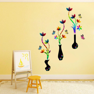 Stickerberry 107 cm Colorful Flower Pot Butterfly Wall Sticker For Decor 107 CM X 125 CM Self Adhesive Sticker(Pack of 1)
