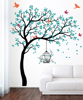 rawpockets 200 cm Blue Tree with Birds and Cage Self Adhesive Sticker(Pack of 1)