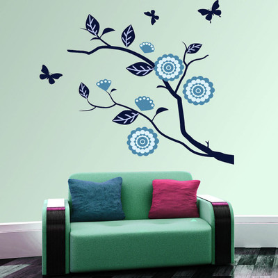 walkart 1 cm bluish flower with its branch Removable Sticker(Pack of 1)