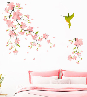Decal O Decal 80 cm Humming Birds and Pink Blossoms Self Adhesive Sticker(Pack of 1)