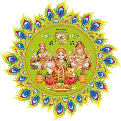 ZEN TREK 45 cm Laxmi Ganesh & Saraswati Ji with Light Green Background Self Adhesive Sticker(Pack of 1)