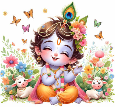 Riditcreation 48 cm krishna With Flower Waterproof Self Adhesive Sticker(Pack of 1)