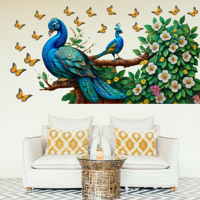 Riditcreation 58 cm Peacock with Butterflies Self Adhesive Sticker(Pack of 1)