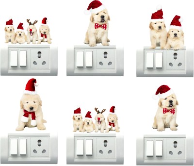 Design Decor 10.16 cm Cute Dog With Santa cap Switch Board Sticker Self Adhesive Sticker(Pack of 6)