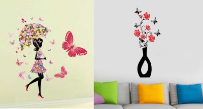 STICKER STUDIO 33 cm Combo of 2 Wall Sticker Floral Girl & Flower Pot Sticker Self Adhesive Sticker(Pack of 2)