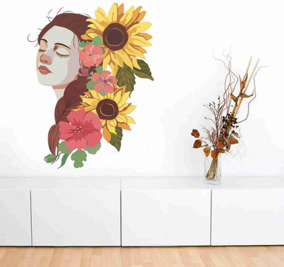 Stickerberry 50 cm Beautiful Girl with flower wall sticker 50 CM X 70 CM Self Adhesive Sticker(Pack of 1)