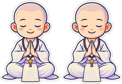 STIXY 10 cm Waterproof Monk Kid Sticker (Set of 2) – Peaceful Cartoon Monk with Prayer Beads Self Adhesive Sticker(Pack of 2)