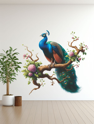 SAJAOHATKE 60 cm Peacock sitting on branches Self Adhesive Sticker(Pack of 1)