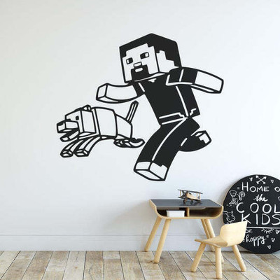SnappyVinyl 40 cm Minecraft Steve And Wolf Self Adhesive Sticker(Pack of 1)