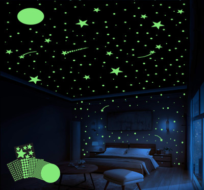 DreamKraft 25 cm Glowing Stickers Moon with Circles and Stars Made with Radium Vinyl Self Adhesive Sticker(Pack of 1)