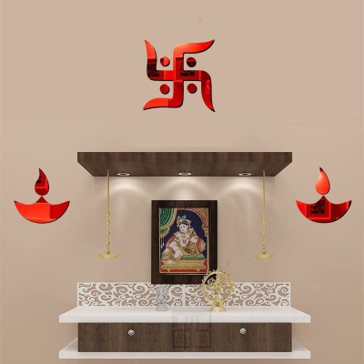 Asmi Collections 15 cm Beautiful Swastik and 2 Diyas Self Adhesive 3D Acrylic Mirror Self Adhesive Sticker(Pack of 3)